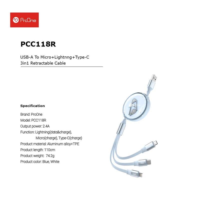 کابل 3 سر فست شارژ ProOne PCC118R 2.4A 1.1m