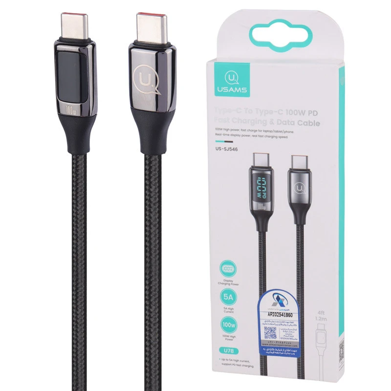 کابل تبدیل فست شارژ Usams US-SJ546 Type-C To Type-C PD 5A 100W 1.2m