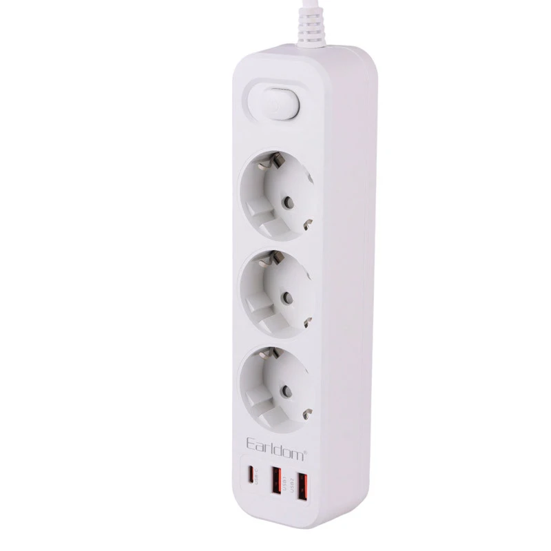 چند راهی ۳ خانه برق ارت دار ارلدام ES-SC13 با کابل 2 متری + شارژر USB و Type-C