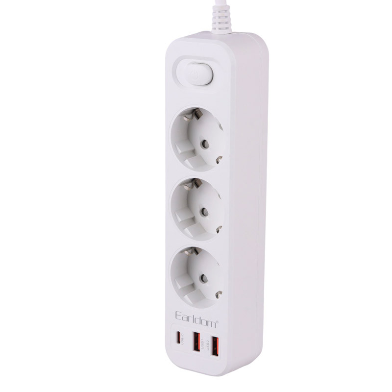چند راهی ۳ خانه برق ارت دار ارلدام ES-SC13 با کابل 2 متری + شارژر USB و Type-C