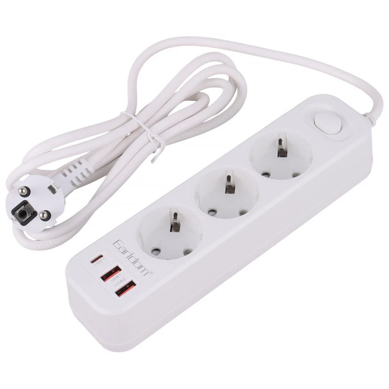 چند راهی ۳ خانه برق ارت دار ارلدام ES-SC13 با کابل 2 متری + شارژر USB و Type-C