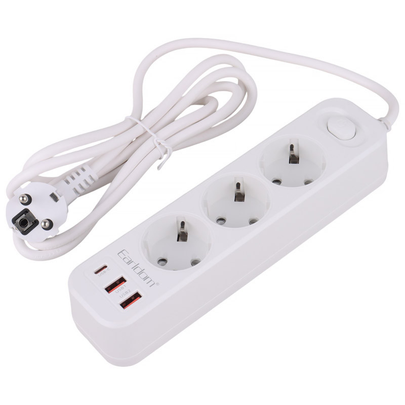 چند راهی ۳ خانه برق ارت دار ارلدام ES-SC13 با کابل 2 متری + شارژر USB و Type-C