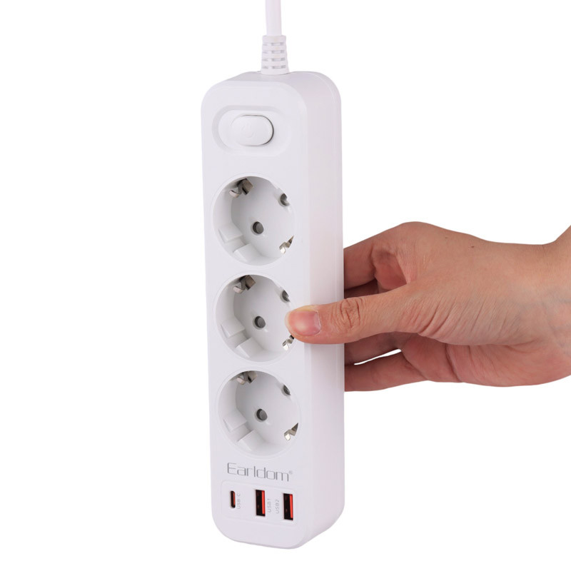چند راهی ۳ خانه برق ارت دار ارلدام ES-SC13 با کابل 2 متری + شارژر USB و Type-C