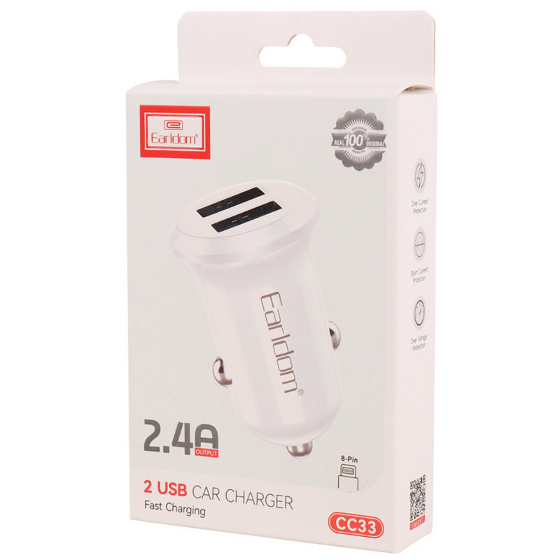 شارژر فندکی فست شارژ Earldom ES-CC33 2.4A 12W + کابل آیفونی