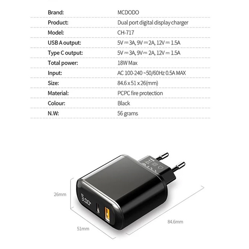 کلگی فست شارژ Mcdodo LCH-717 2Port 3A QC3.0 PD3.0 20W