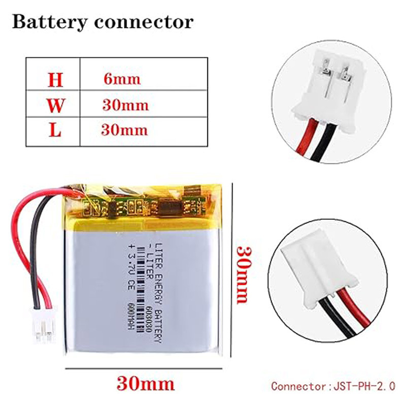 باتری لیتیوم 600mAh 30*30*6mm 603030