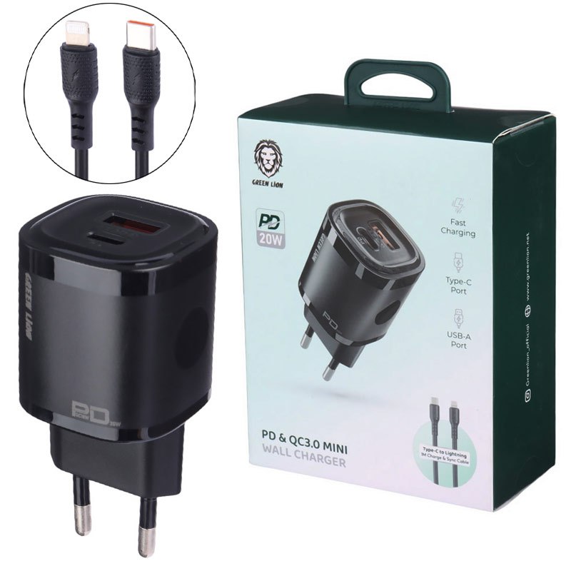 کلگی فست شارژ Green Lion GL-WC09 2Port 3A PD QC3.0 20W + کابل آیفونی