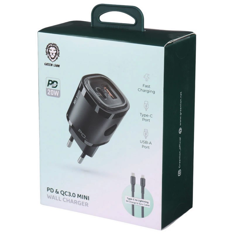 کلگی فست شارژ Green Lion GL-WC09 2Port 3A PD QC3.0 20W + کابل آیفونی