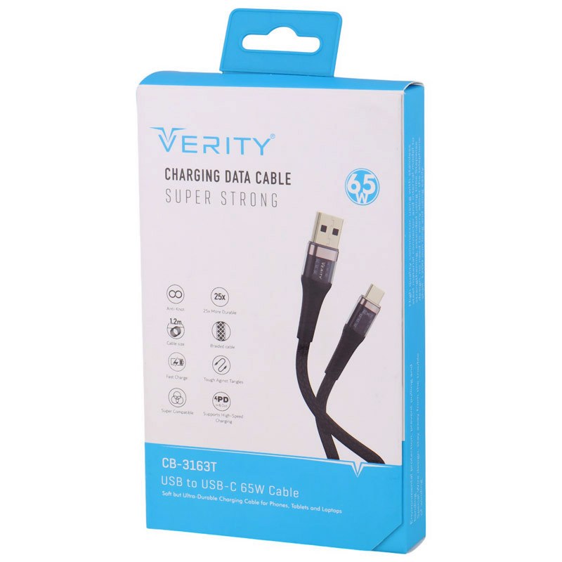 کابل تایپ سی فست شارژ Verity CB-3163T PD 65W 1.2m