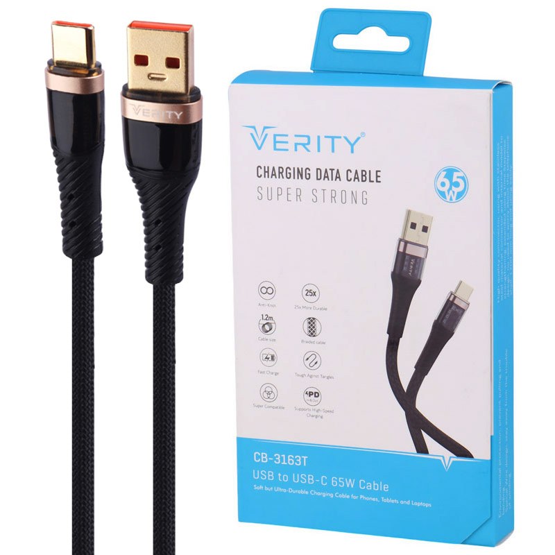 کابل تایپ سی فست شارژ Verity CB-3163T PD 65W 1.2m