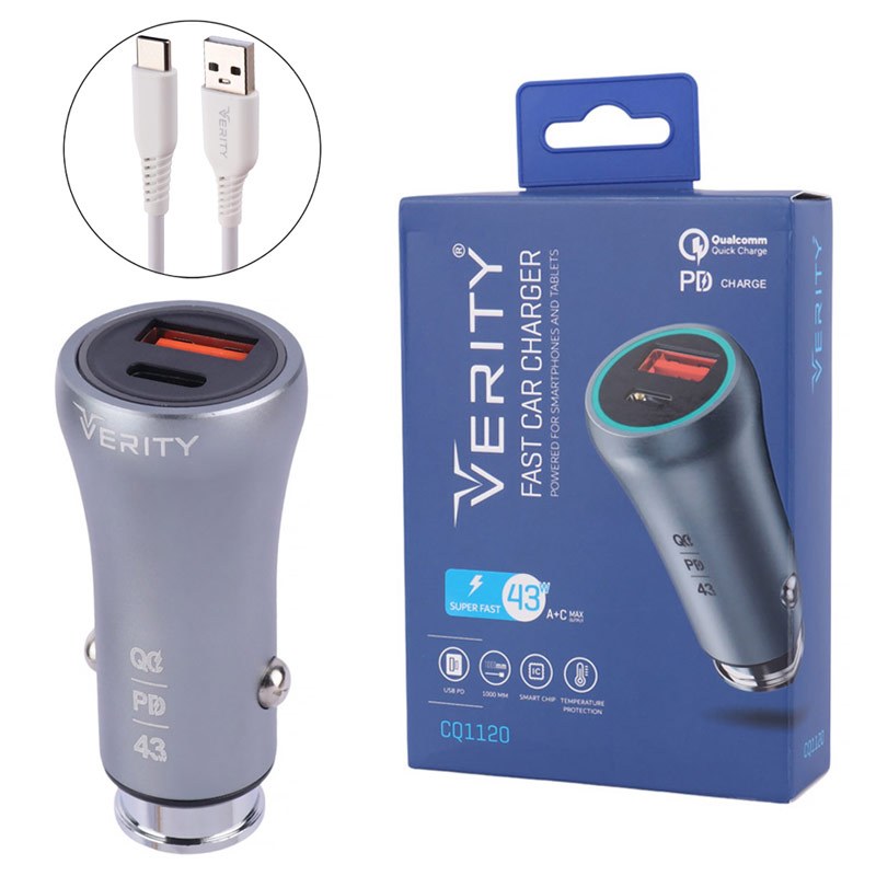 شارژر فندکی فست شارژ Verity V-CQ1120 3A QC PD 25W + کابل تایپ سی