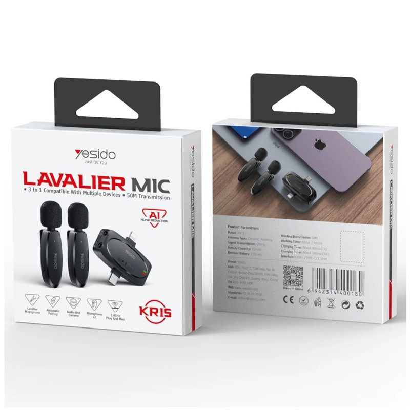میکروفون یقه ای بی سیم Yesido KR15 Type-C / Lightning
