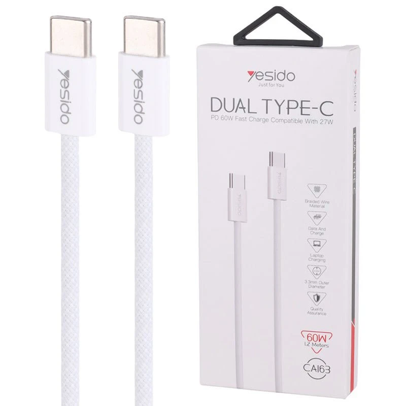 کابل تبدیل فست شارژ Yesido CA163 Type-C to Type-C PD 60W 1.2m