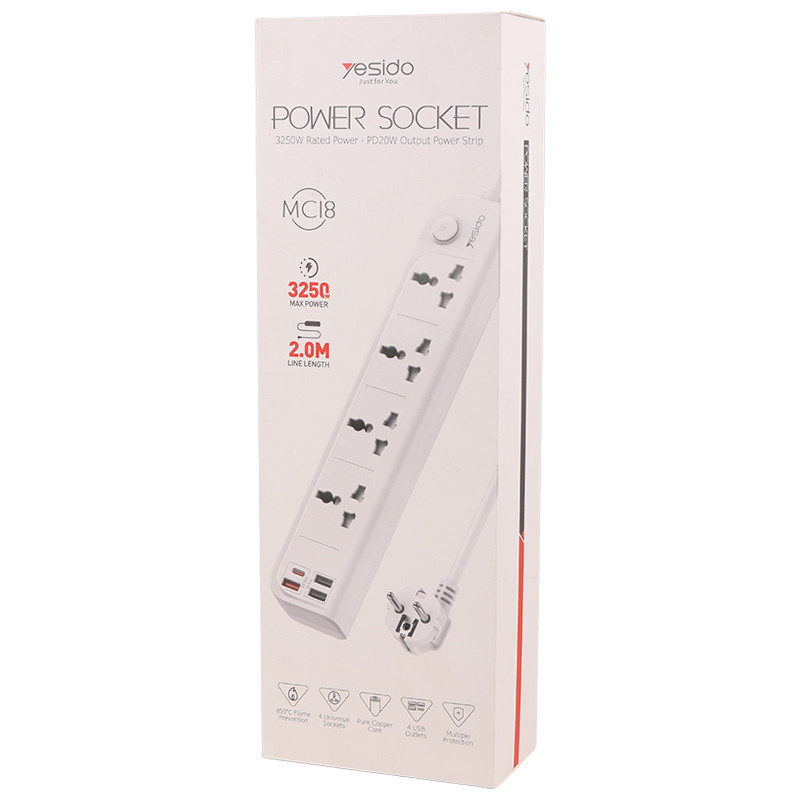 چند راهی 4 خانه برق یسیدو MC18 با کابل 2 متری + شارژر USB و Type-C