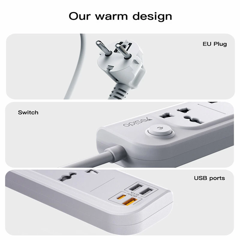 چند راهی 4 خانه برق یسیدو MC18 با کابل 2 متری + شارژر USB و Type-C