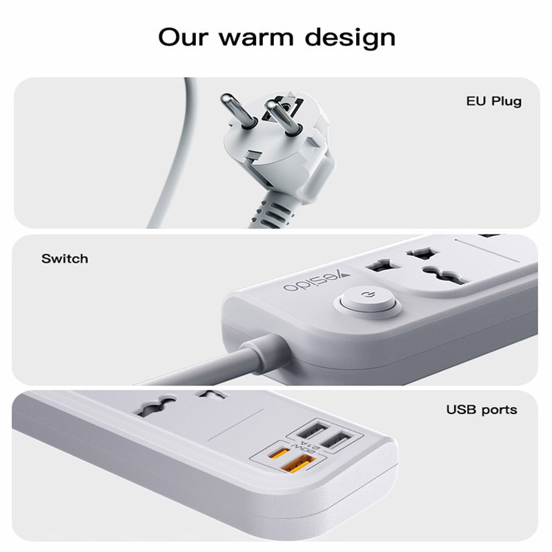 چند راهی 4 خانه برق یسیدو MC18 با کابل 2 متری + شارژر USB و Type-C
