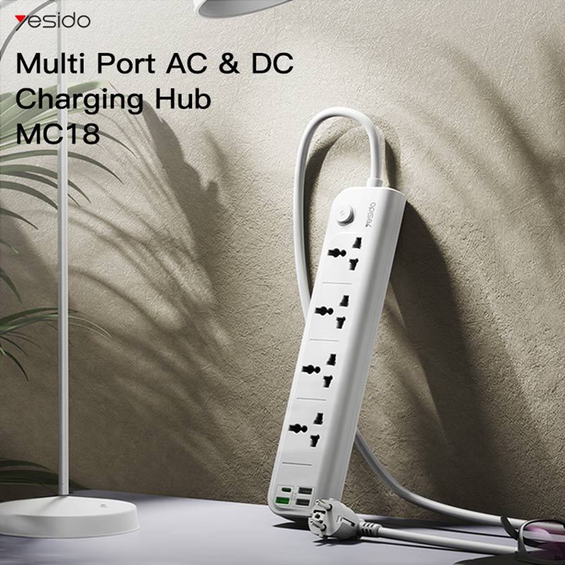 چند راهی 4 خانه برق یسیدو MC18 با کابل 2 متری + شارژر USB و Type-C