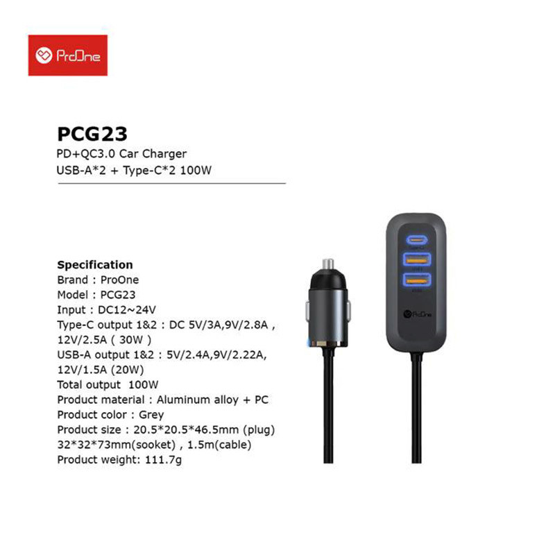 شارژر فندکی فست شارژ ProOne PCG23 3A QC3.0 PD 30W