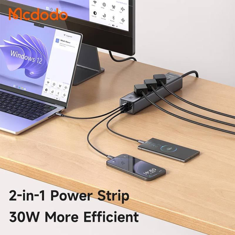 چند راهی 3 خانه برق مک دودو CH-062 با کابل 1.5 متری + شارژر USB و Type-C