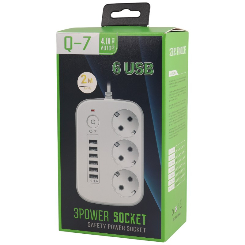 چند راهی 3 خانه برق Q-7 با کابل 2 متری + شارژر USB