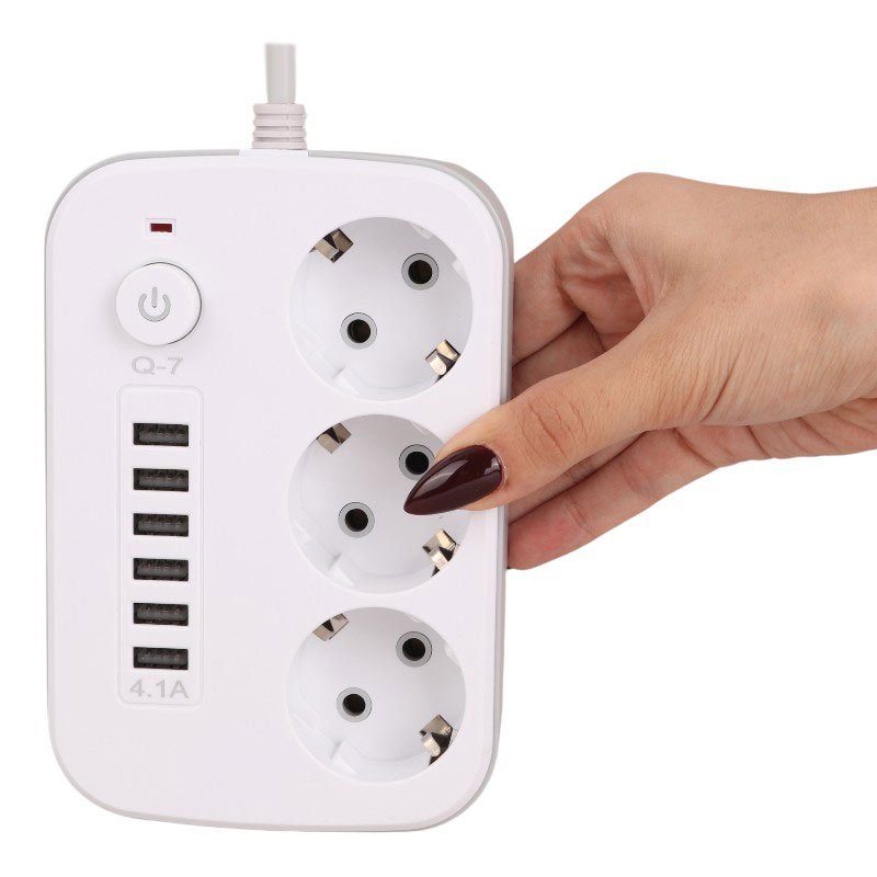 چند راهی 3 خانه برق Q-7 با کابل 2 متری + شارژر USB