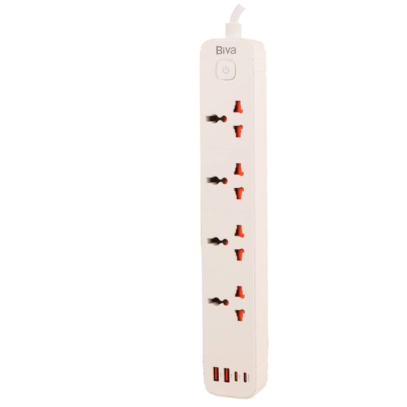 چند راهی 4 خانه برق بیوا PS-05 با کابل 2 متری + شارژر USB و Type-C