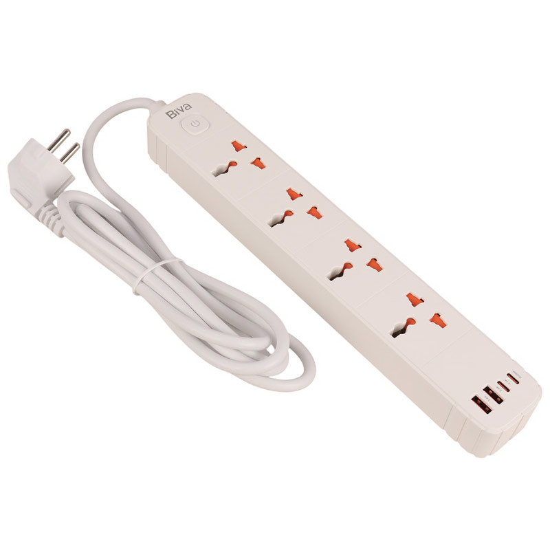 چند راهی 4 خانه برق بیوا PS-05 با کابل 2 متری + شارژر USB و Type-C