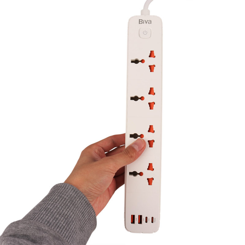 چند راهی 4 خانه برق بیوا PS-05 با کابل 2 متری + شارژر USB و Type-C