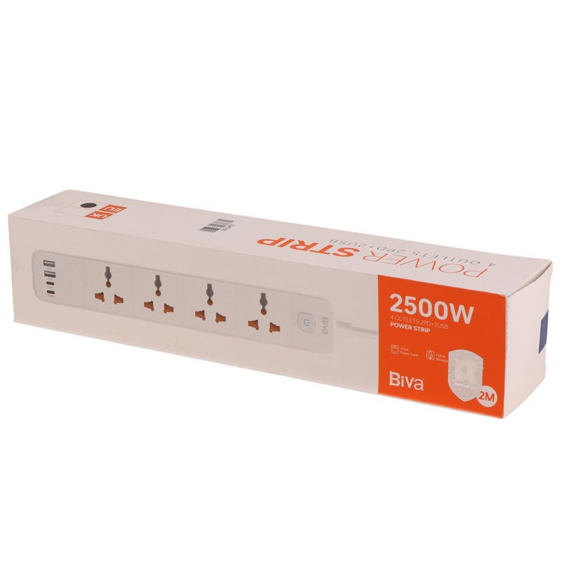 چند راهی 4 خانه برق بیوا PS-05 با کابل 2 متری + شارژر USB و Type-C