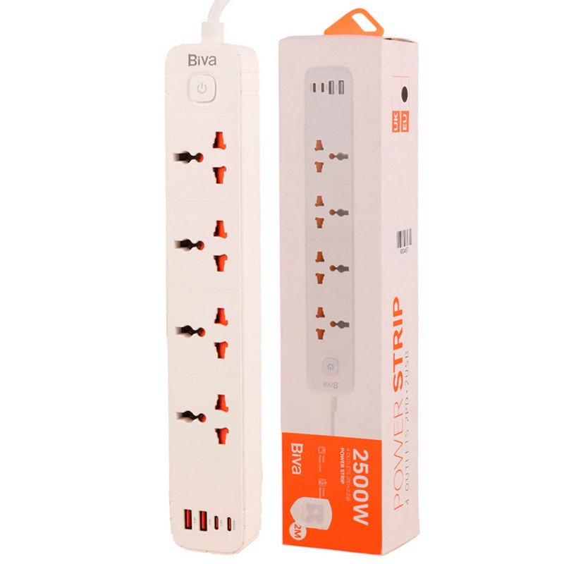 چند راهی 4 خانه برق بیوا PS-05 با کابل 2 متری + شارژر USB و Type-C