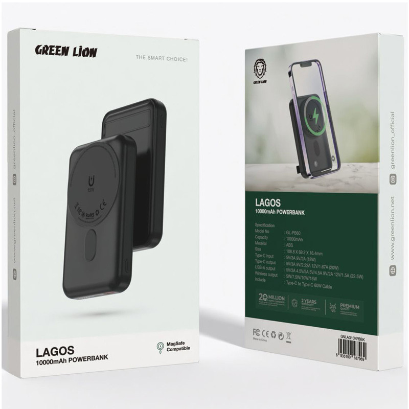 پاور بانک بی سیم فست شارژ 10000 گرین لاین Green Lion Lagos PD 22.5W