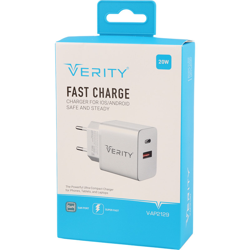 شارژر دیواری فست شارژ Verity V-AP2129 2Port 3A QC3.0 PD 20W + کابل تایپ سی