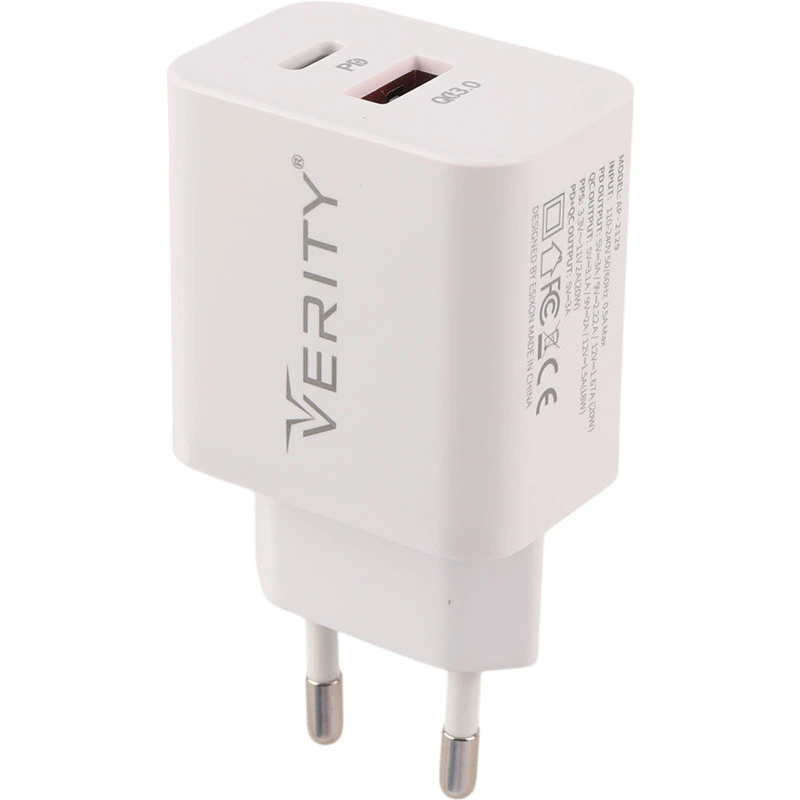 شارژر دیواری فست شارژ Verity V-AP2129 2Port 3A QC3.0 PD 20W + کابل تایپ سی