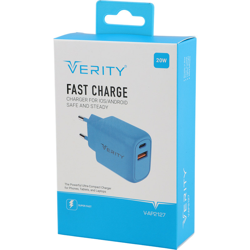 شارژر دیواری فست شارژ Verity V-AP2127 2Port 3A 20W + کابل تایپ سی