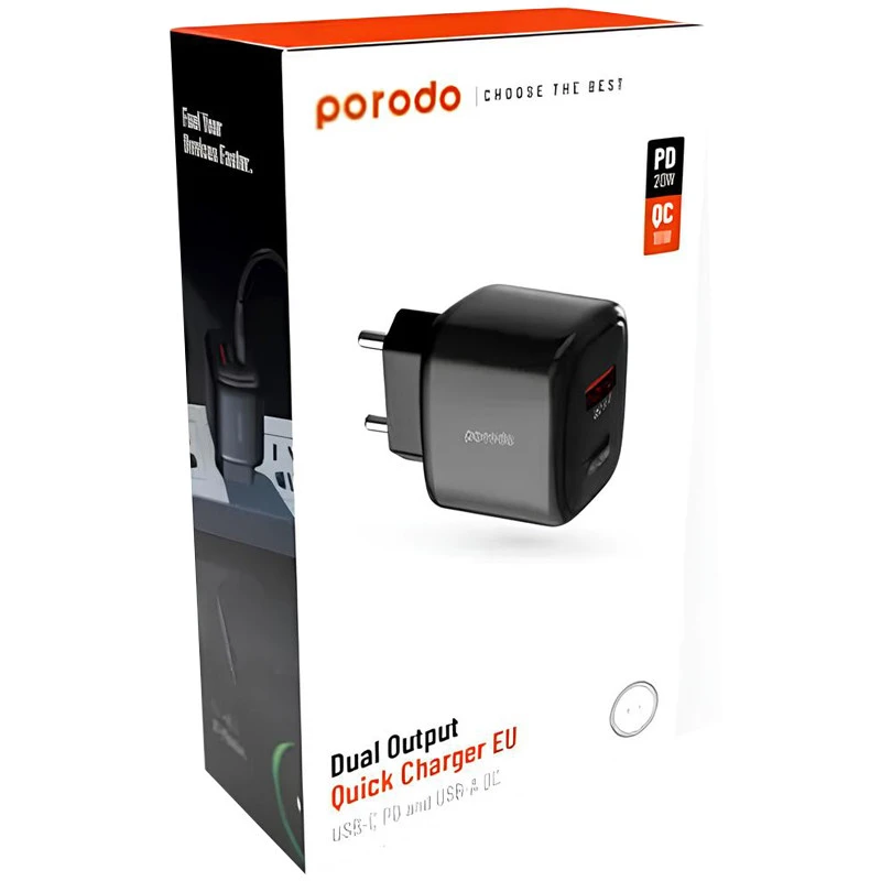 کلگی فست شارژ Porodo PD-20WACEU 2Port 3A QC3.0 PD 20W
