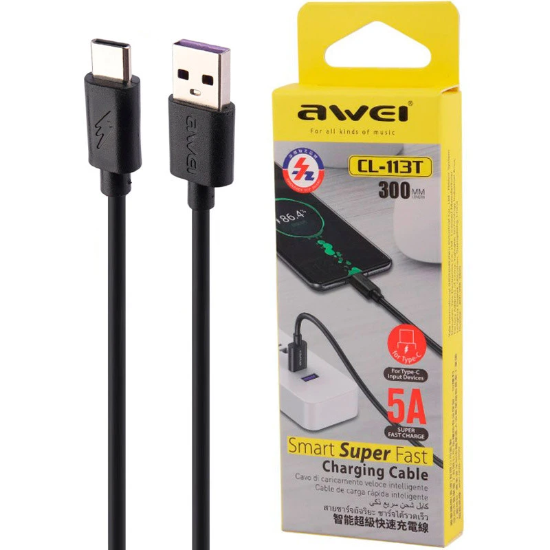 کابل کوتاه تایپ سی فست شارژ Awei CL-113T 5A 30cm