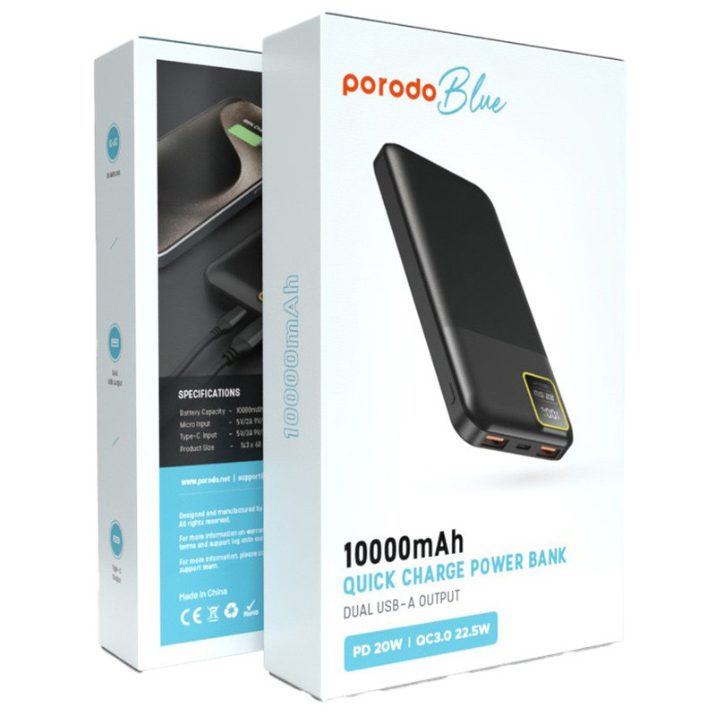 پاور بانک فست شارژ 10000 پرودو Porodo PB-22WPB10K QC3.0 PD 22.5W