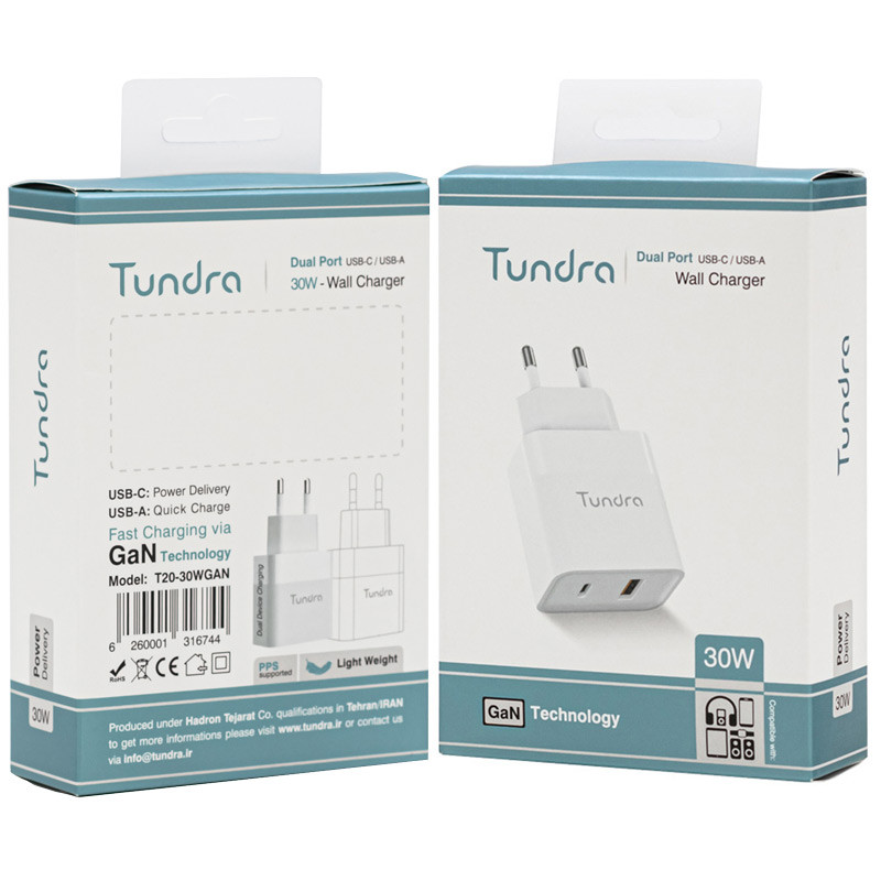 شارژر دیواری 30 وات تاندرا T20-30WGAN GaN QC PD 3A