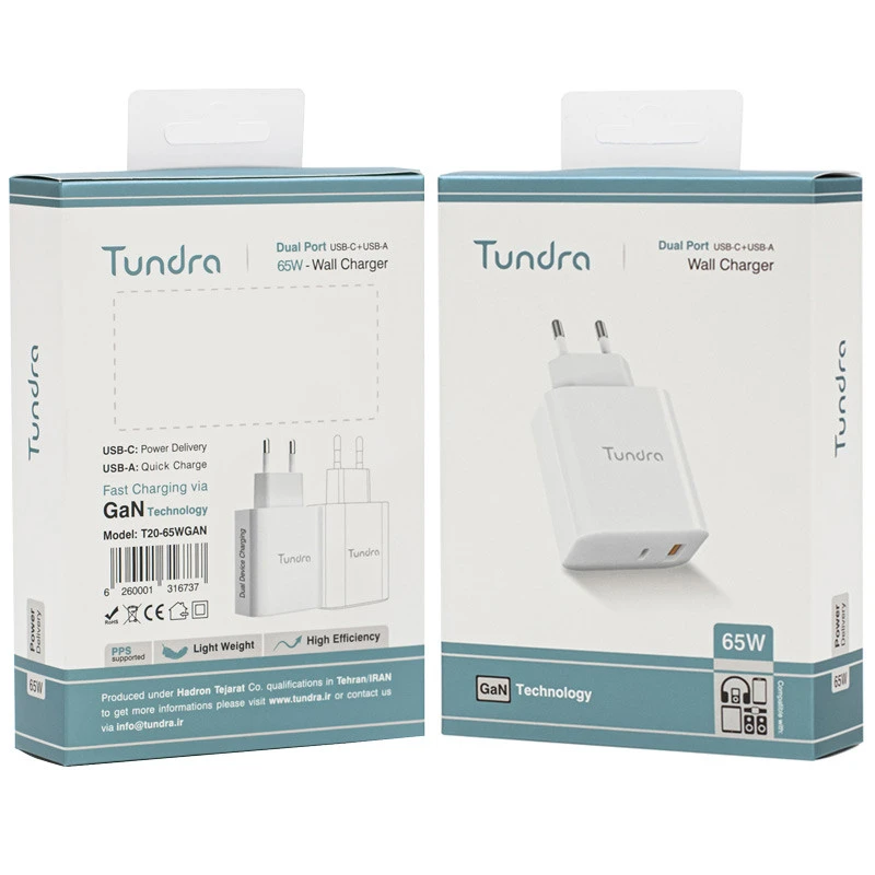 شارژر دیواری 65 وات تاندرا T20-65WGAN GaN QC PD 3.25A