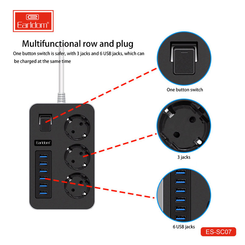 چند راهی 3 خانه برق ارلدام ES-SC07 با کابل 2 متری + شارژر USB