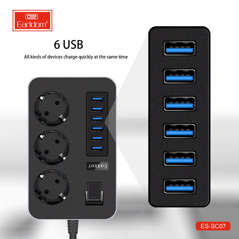 چند راهی 3 خانه برق ارلدام ES-SC07 با کابل 2 متری + شارژر USB