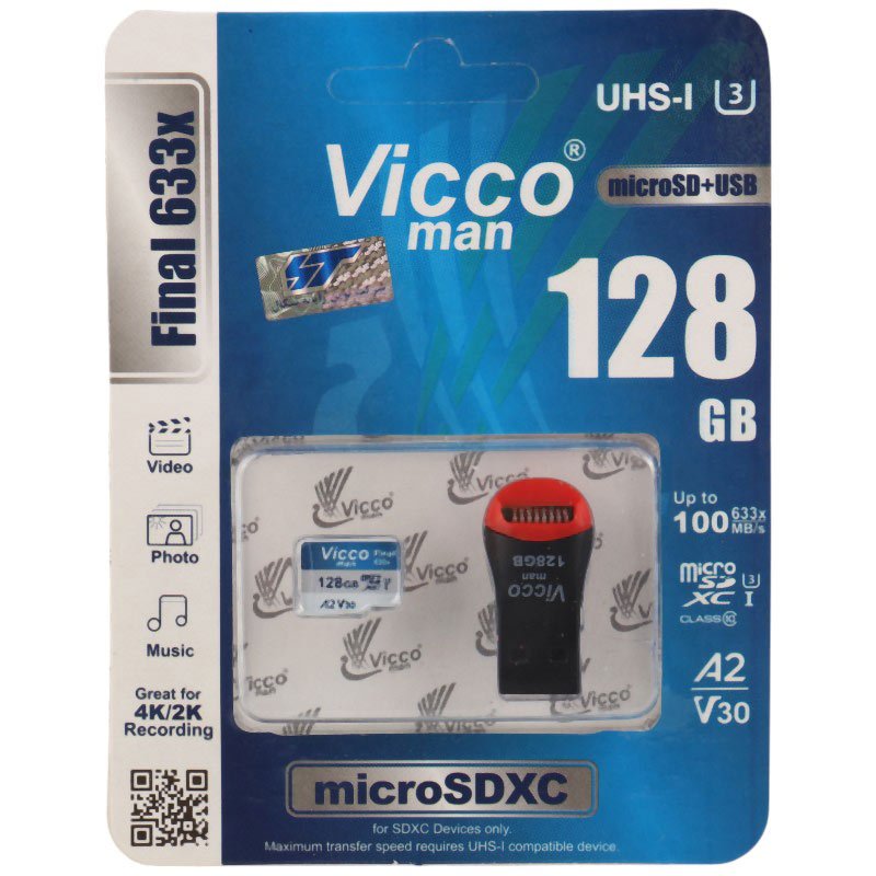 رم میکرو 128 گیگ ویکومن Vicco Man Final 633x A2 V30 U3 C10 100MB/s + رم ریدر