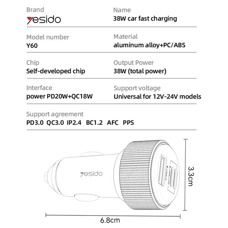 شارژر فندکی فست شارژ Yesido Y60 3A QC3.0 PD3.0 20W + کابل تبدیل آیفونی