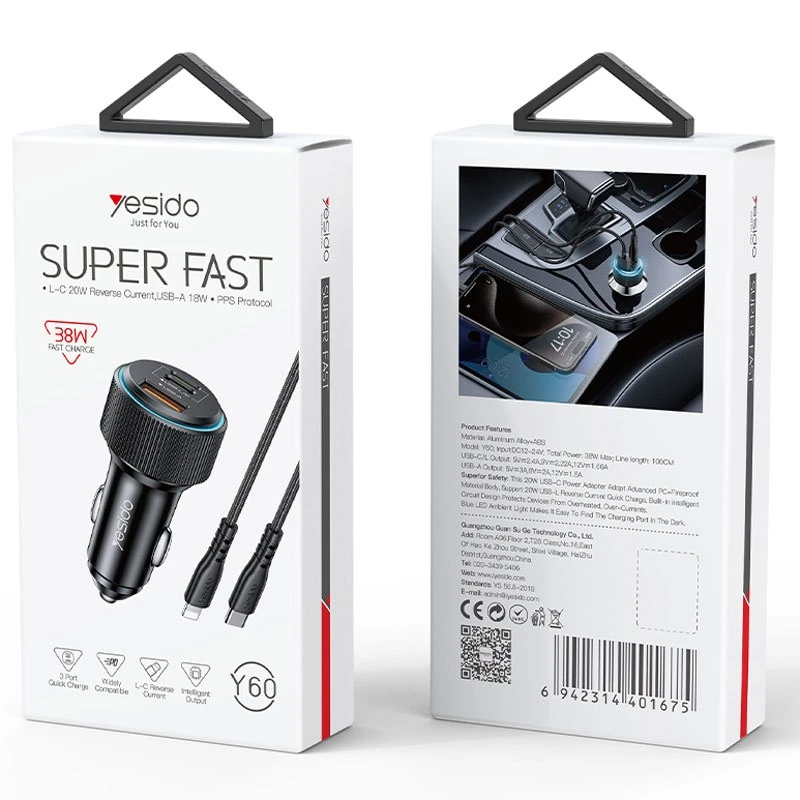 شارژر فندکی فست شارژ Yesido Y60 3A QC3.0 PD3.0 20W + کابل تبدیل آیفونی