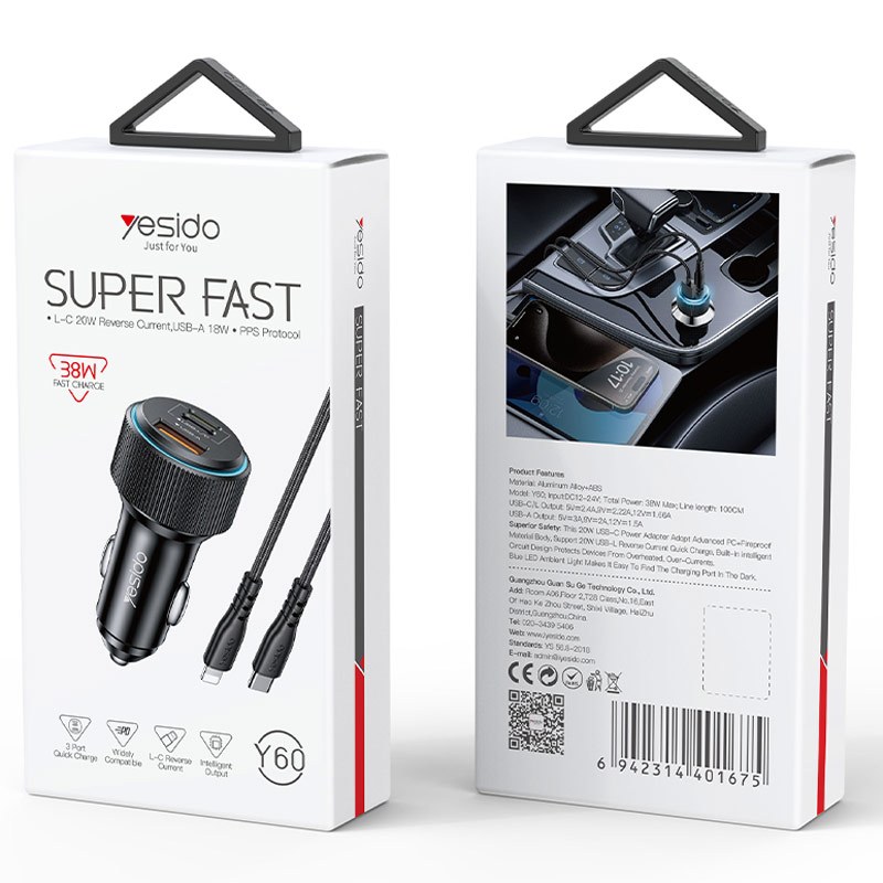 شارژر فندکی فست شارژ Yesido Y60 3A QC3.0 PD3.0 20W + کابل تبدیل آیفونی