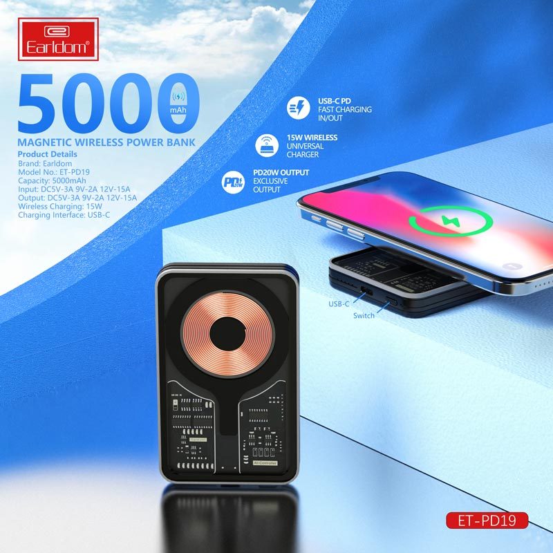 پاور بانک بی سیم فست شارژ ارلدام ET-PD19 QC PD 18W ظرفیت 5000 میلی آمپر ساعت