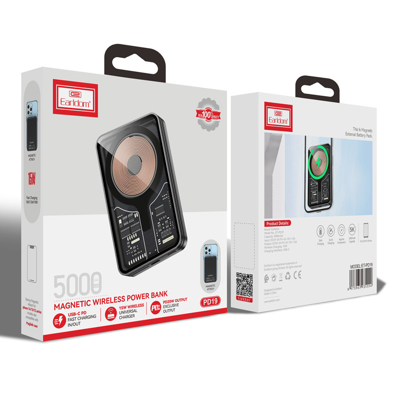 پاور بانک بی سیم فست شارژ ارلدام ET-PD19 QC PD 18W ظرفیت 5000 میلی آمپر ساعت