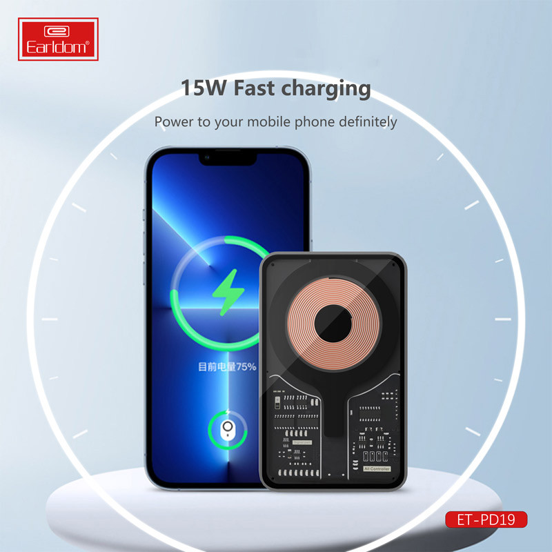 پاور بانک بی سیم فست شارژ ارلدام ET-PD19 QC PD 18W ظرفیت 5000 میلی آمپر ساعت