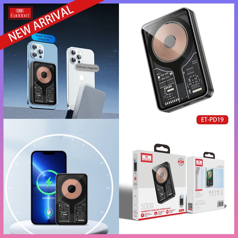 پاور بانک بی سیم فست شارژ ارلدام ET-PD19 QC PD 18W ظرفیت 5000 میلی آمپر ساعت