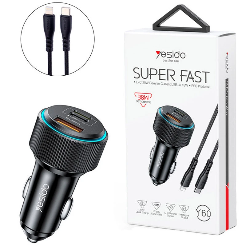 شارژر فندکی فست شارژ Yesido Y60 3A QC3.0 PD3.0 20W + کابل تبدیل آیفونی